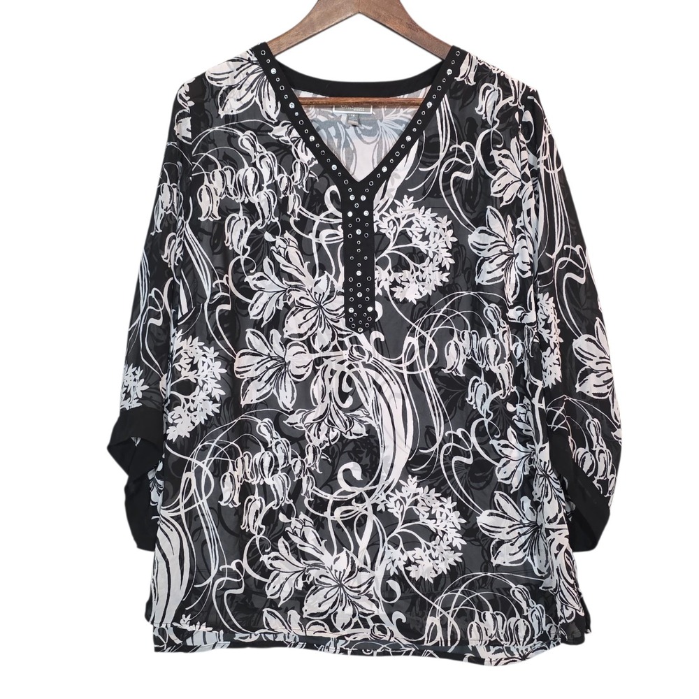 JM Collection Top Paisley Floral Rhinestone Blouse Black White Womens 1X